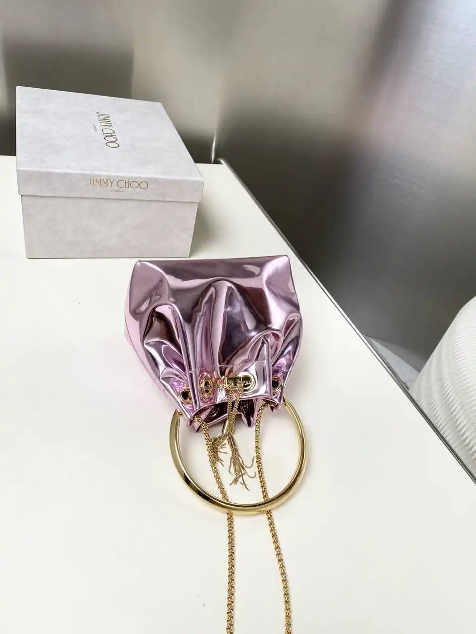 Jimmy Choo Bon Bon Purple Mirror Fabric Mini Bag with Metal Handle BONBONXVKOO0022