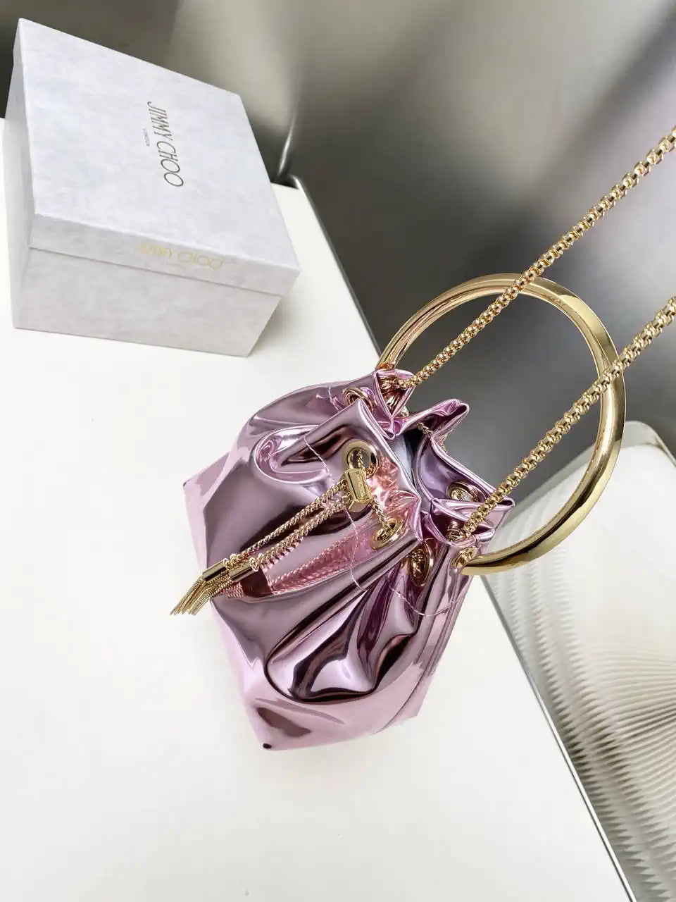 Jimmy Choo Bon Bon Purple Mirror Fabric Mini Bag with Metal Handle BONBONXVKOO0022