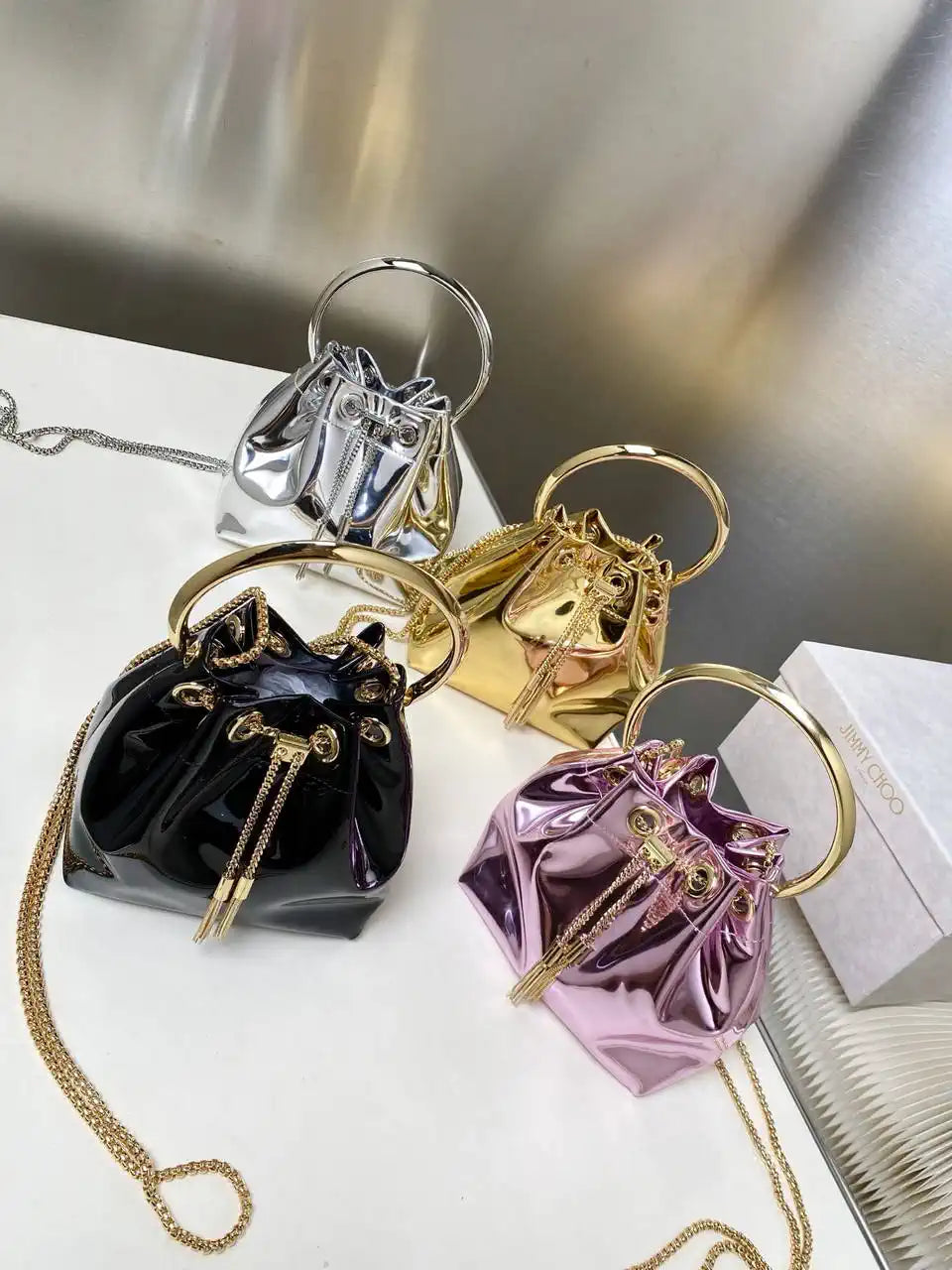 Jimmy Choo Bon Bon Black Mirror Fabric Mini Bag with Metal Handle BONBONXVKOO0022