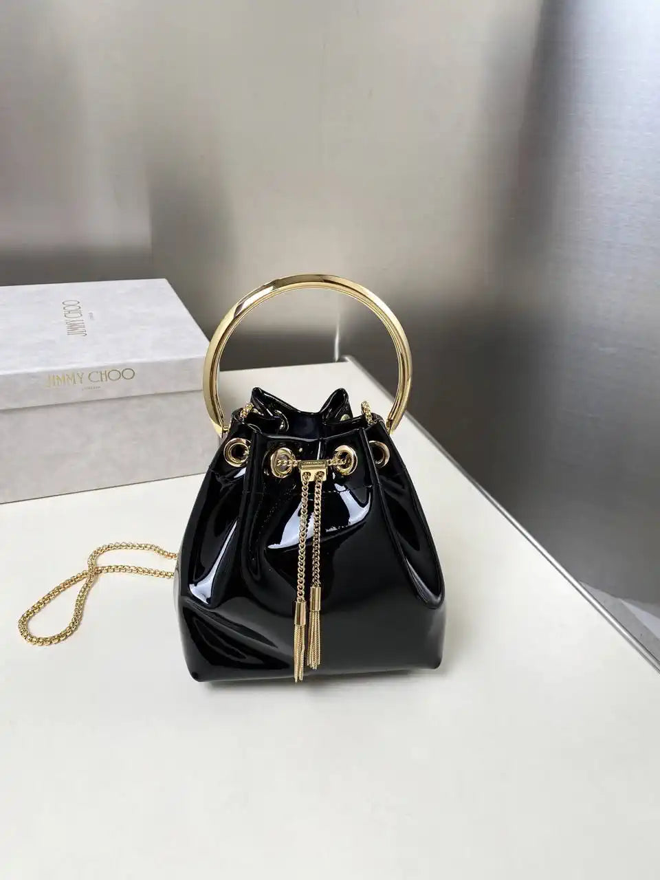 Jimmy Choo Bon Bon Black Mirror Fabric Mini Bag with Metal Handle BONBONXVKOO0022