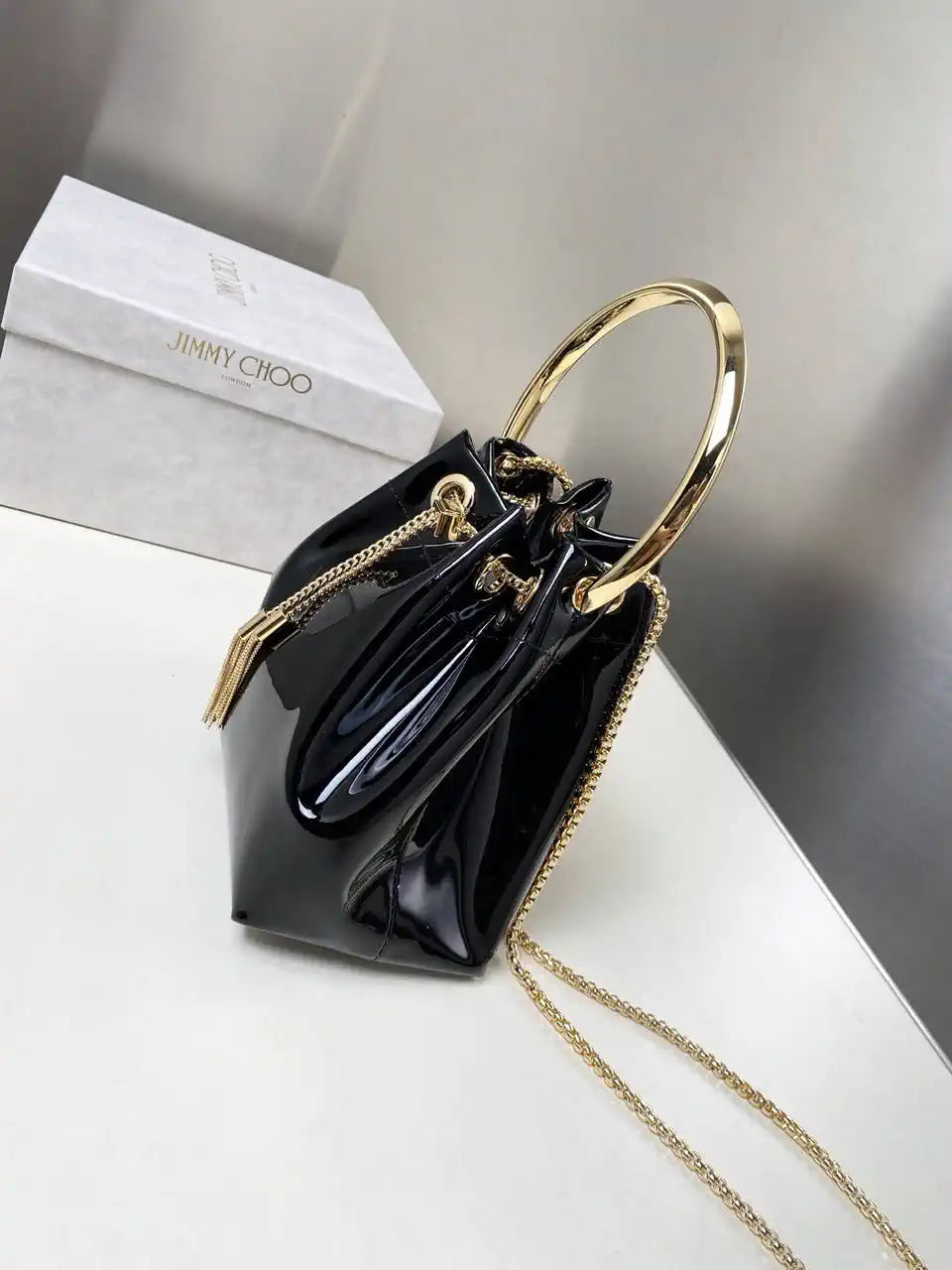 Jimmy Choo Bon Bon Black Mirror Fabric Mini Bag with Metal Handle BONBONXVKOO0022