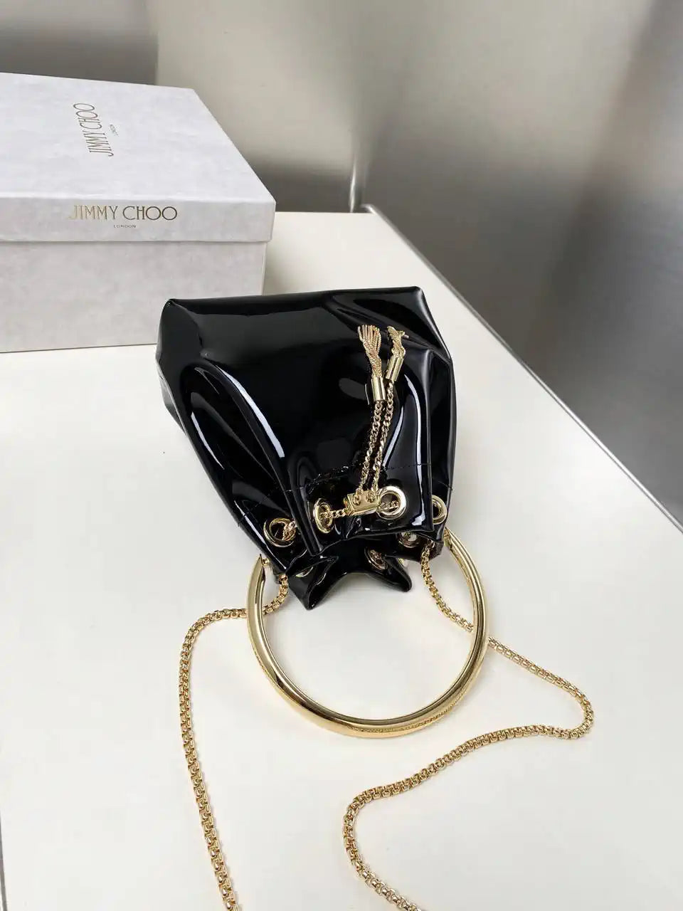Jimmy Choo Bon Bon Black Mirror Fabric Mini Bag with Metal Handle BONBONXVKOO0022
