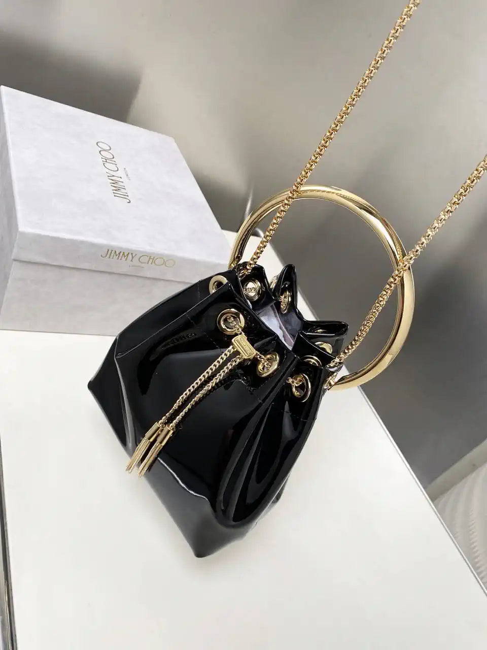 Jimmy Choo Bon Bon Black Mirror Fabric Mini Bag with Metal Handle BONBONXVKOO0022