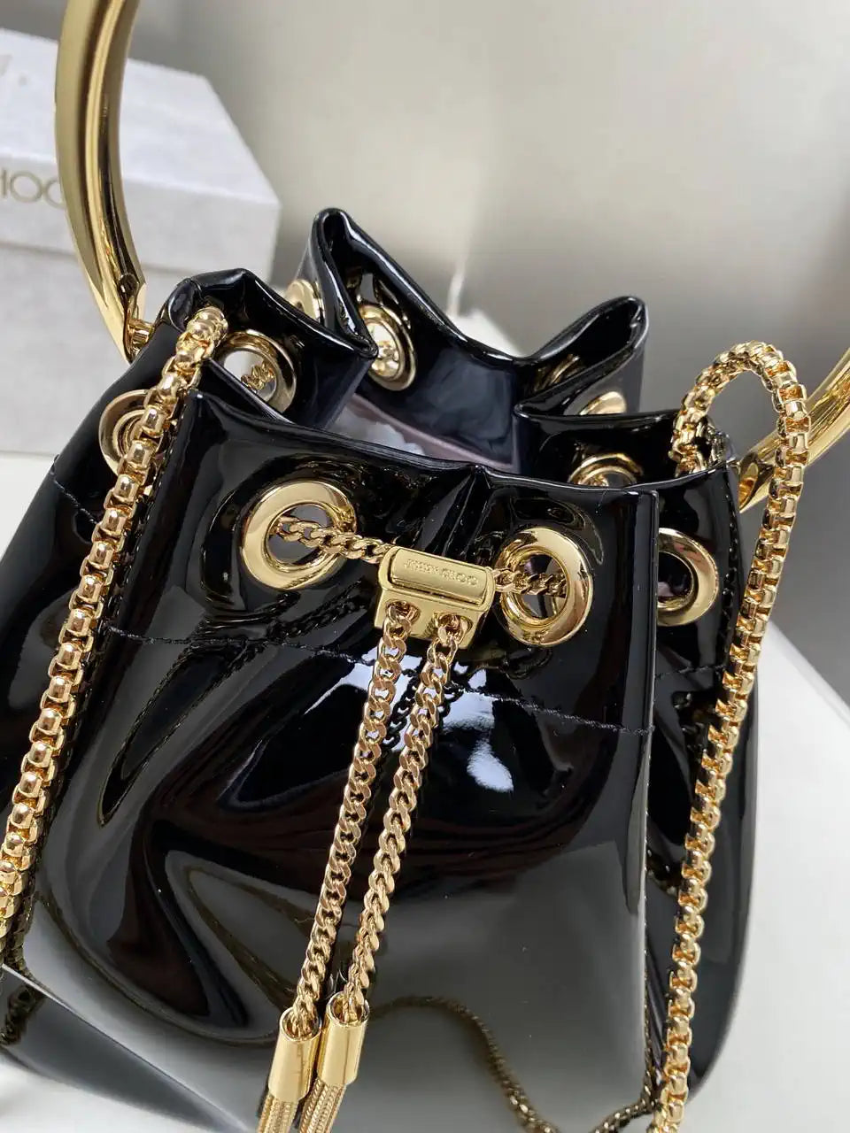 Jimmy Choo Bon Bon Black Mirror Fabric Mini Bag with Metal Handle BONBONXVKOO0022