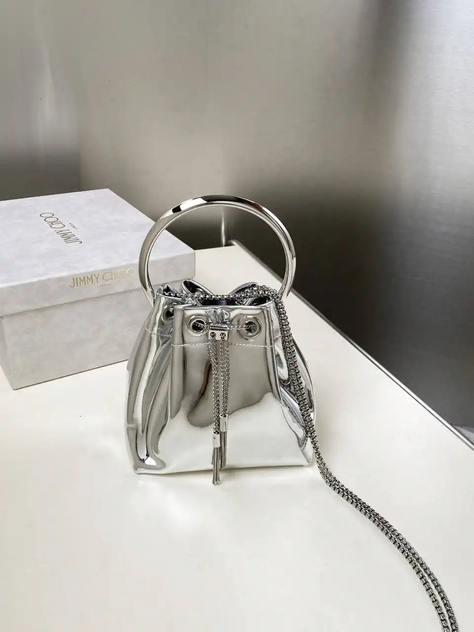 Jimmy Choo Bon Bon Silver Mirror Fabric Mini Bag with Metal Handle BONBONXVKOO0022