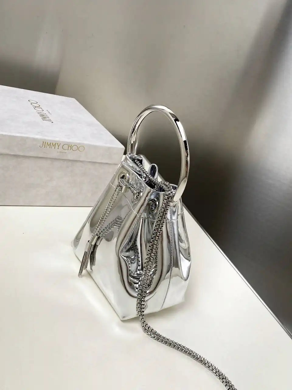 Jimmy Choo Bon Bon Silver Mirror Fabric Mini Bag with Metal Handle BONBONXVKOO0022