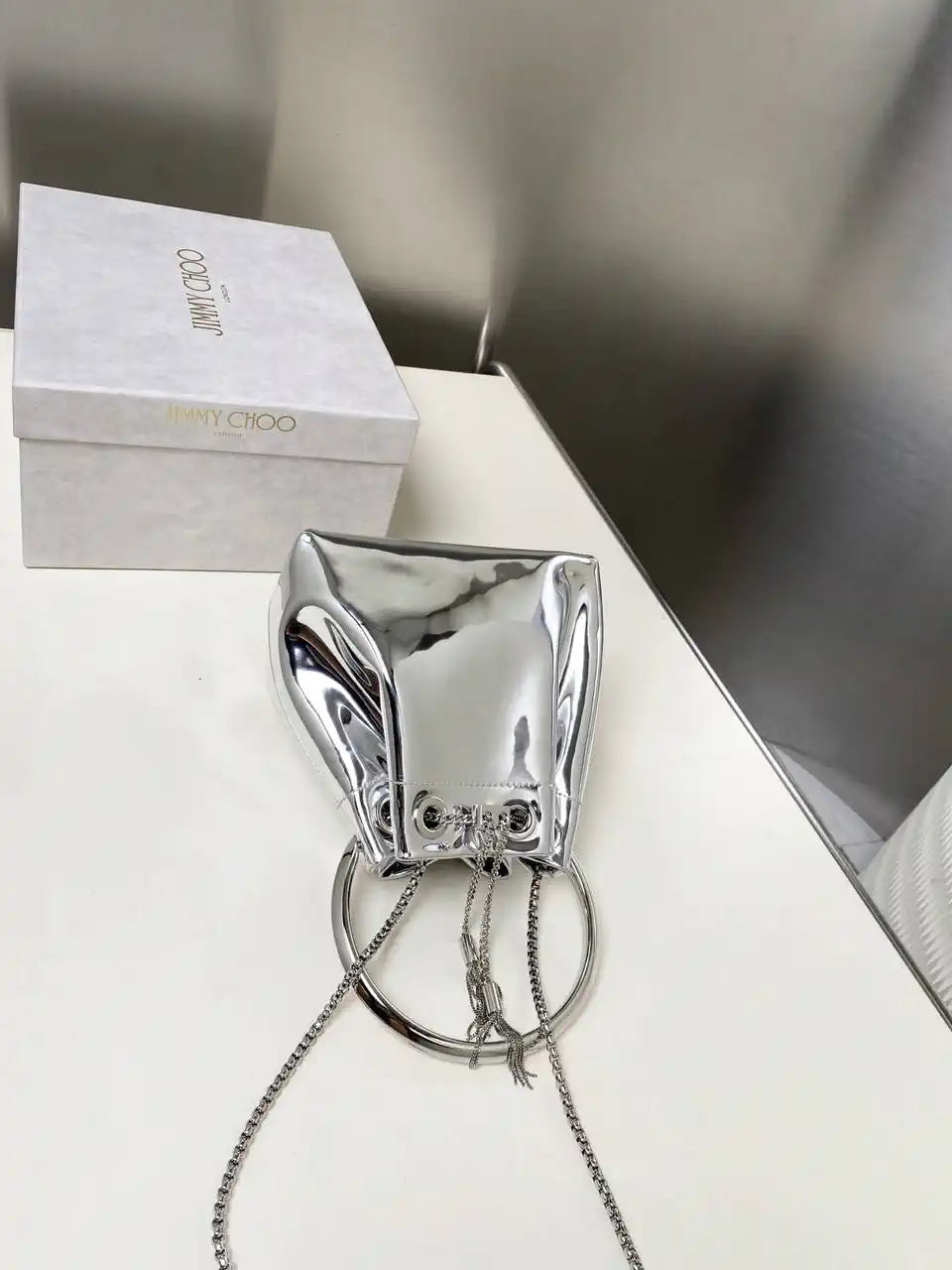 Jimmy Choo Bon Bon Silver Mirror Fabric Mini Bag with Metal Handle BONBONXVKOO0022