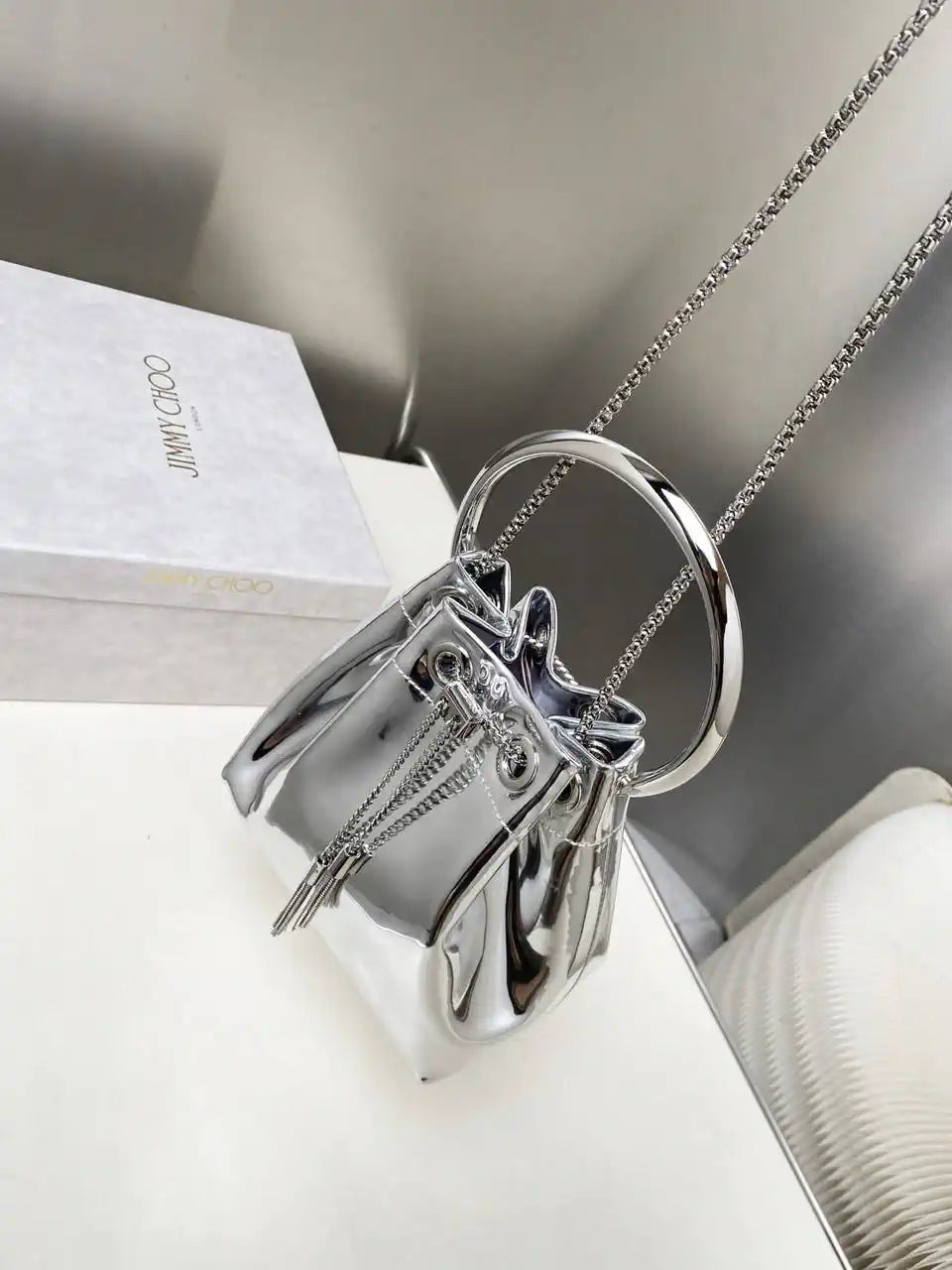 Jimmy Choo Bon Bon Silver Mirror Fabric Mini Bag with Metal Handle BONBONXVKOO0022