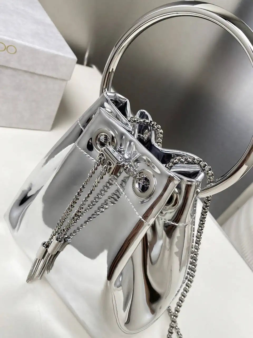 Jimmy Choo Bon Bon Silver Mirror Fabric Mini Bag with Metal Handle BONBONXVKOO0022