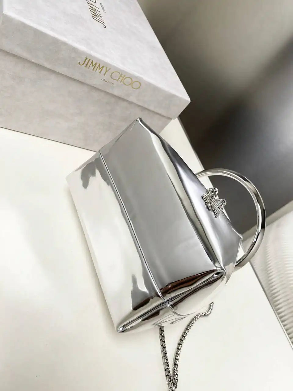 Jimmy Choo Bon Bon Silver Mirror Fabric Mini Bag with Metal Handle BONBONXVKOO0022