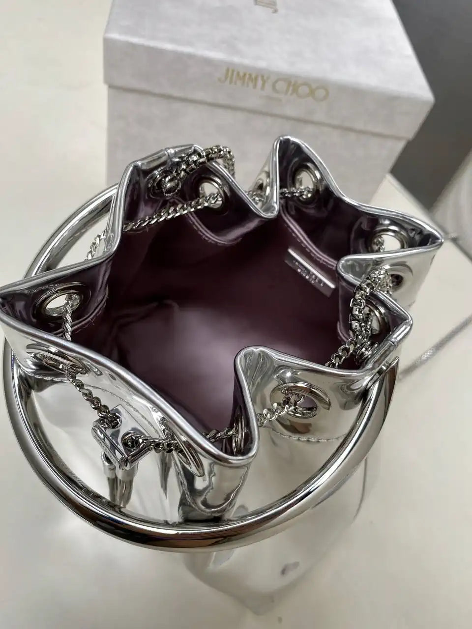 Jimmy Choo Bon Bon Silver Mirror Fabric Mini Bag with Metal Handle BONBONXVKOO0022
