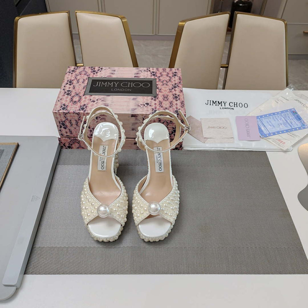 Jimmy Choo Sacaria Platform 120 White Satin Platform Sandals with All-Over Pearl Embellishment