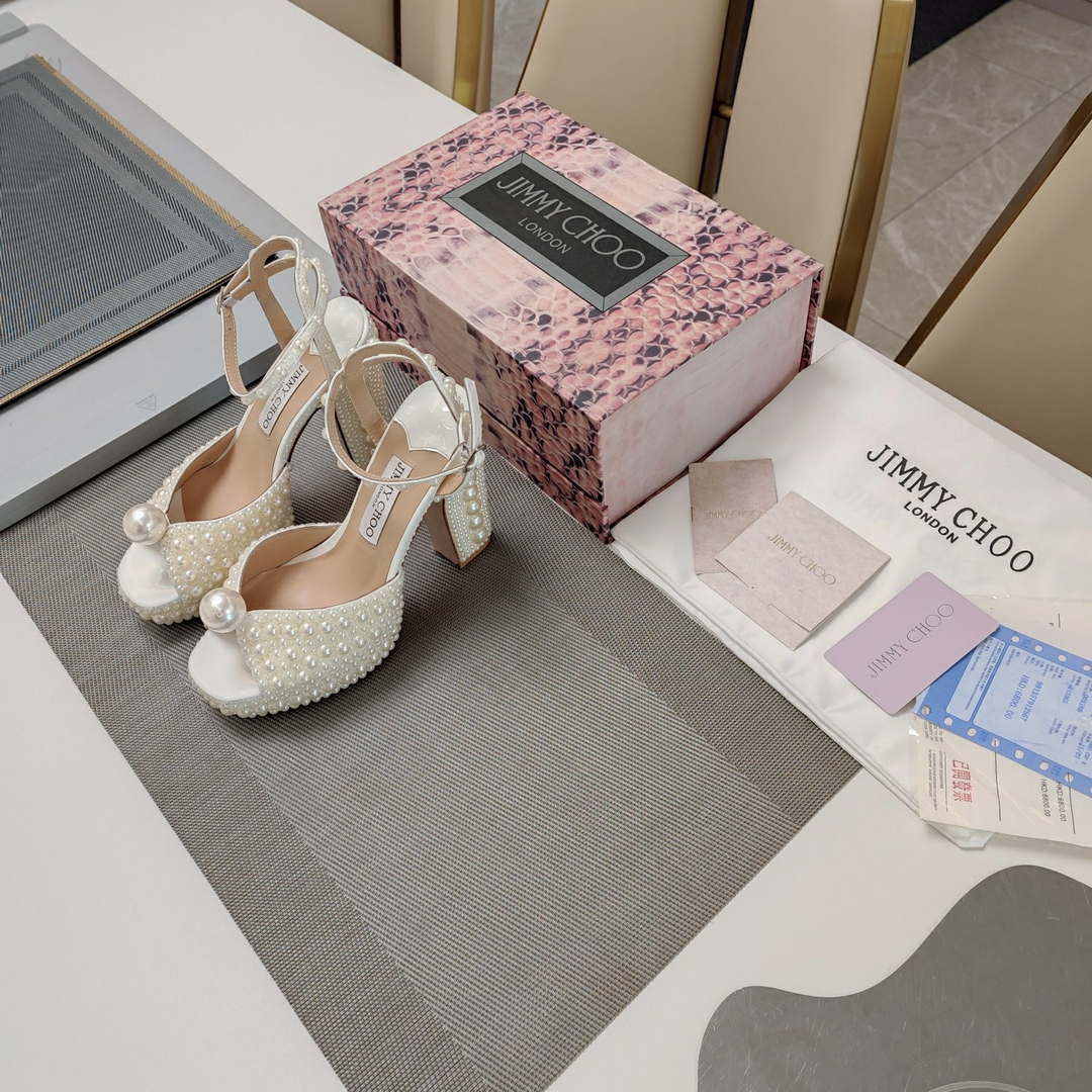 Jimmy Choo Sacaria Platform 120 White Satin Platform Sandals with All-Over Pearl Embellishment