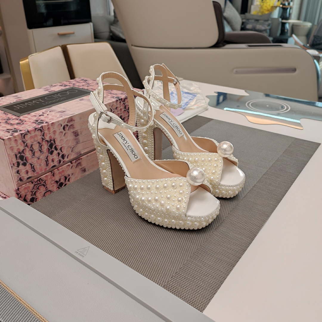Jimmy Choo Sacaria Platform 120 White Satin Platform Sandals with All-Over Pearl Embellishment - Fmale-Euro 35=US 4 / 85mm - View 3