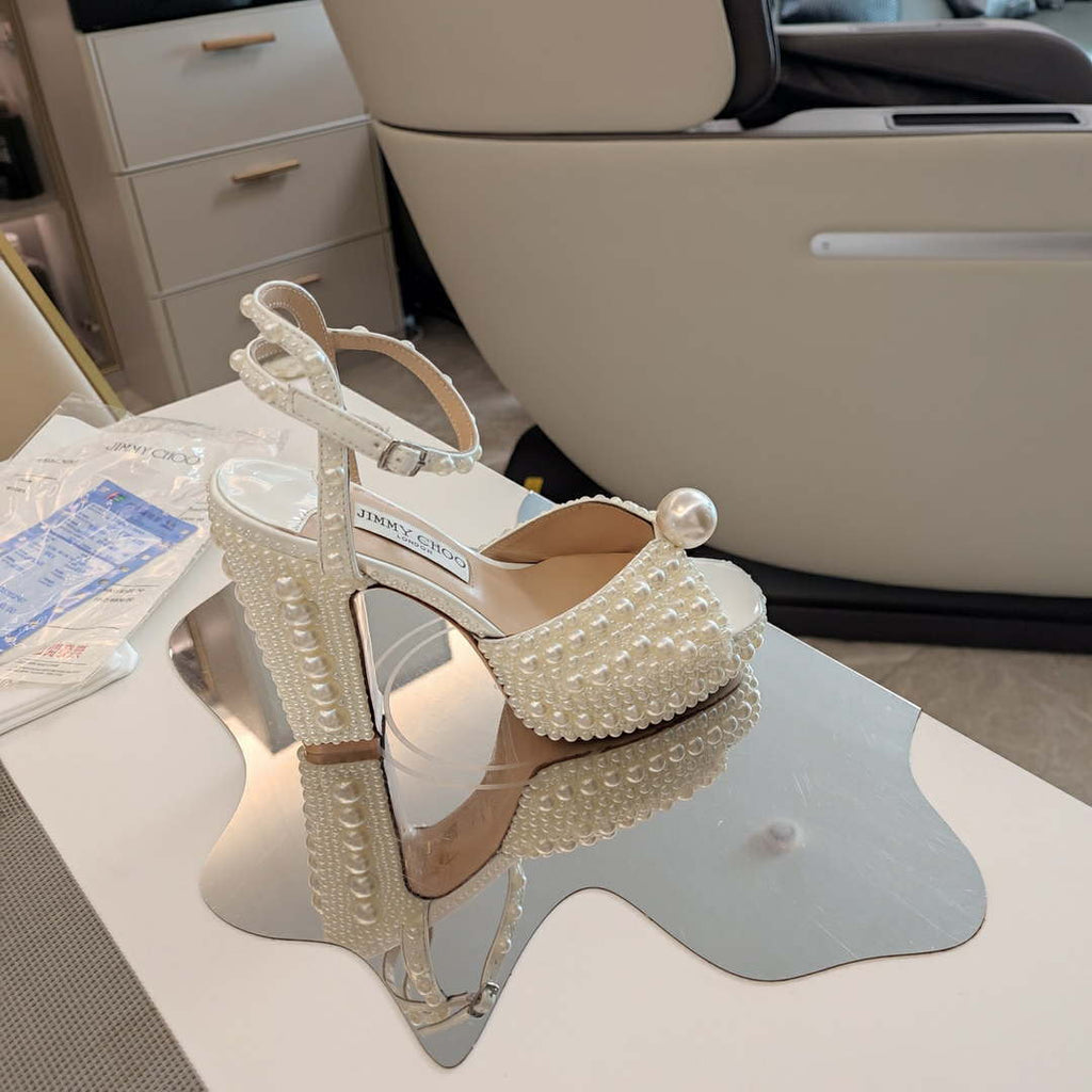 Jimmy Choo Sacaria Platform 120 White Satin Platform Sandals with All-Over Pearl Embellishment