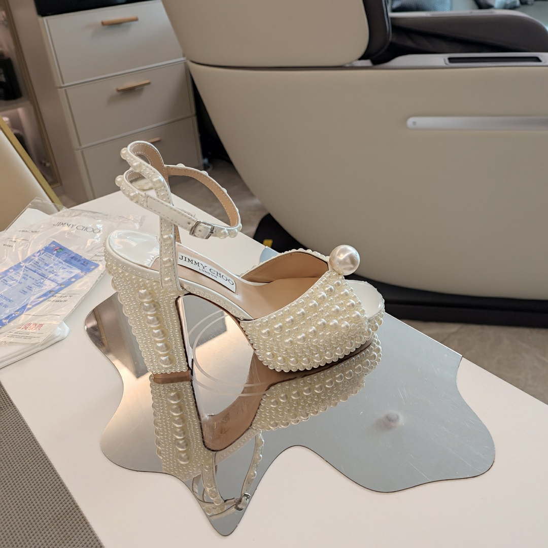 Jimmy Choo Sacaria Platform 120 White Satin Platform Sandals with All-Over Pearl Embellishment