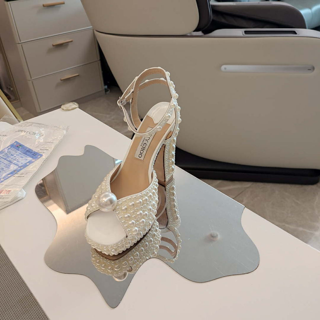 Jimmy Choo Sacaria Platform 120 White Satin Platform Sandals with All-Over Pearl Embellishment