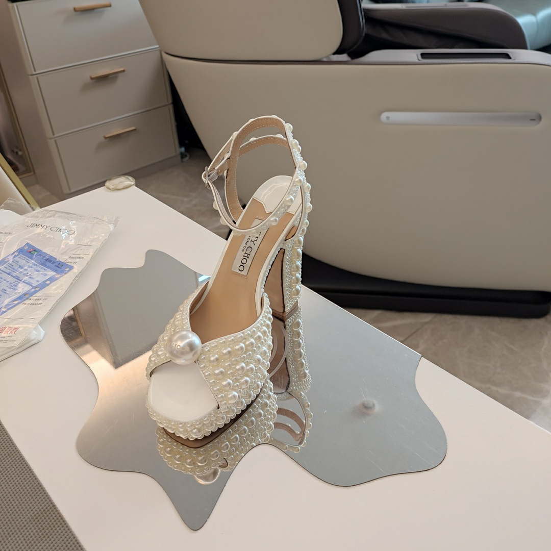 Jimmy Choo Sacaria Platform 120 White Satin Platform Sandals with All-Over Pearl Embellishment