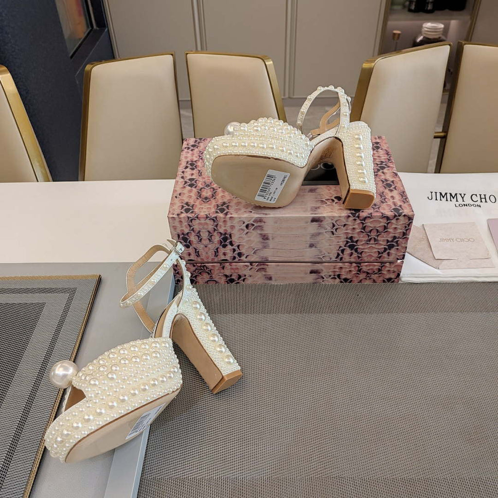 Jimmy Choo Sacaria Platform 120 White Satin Platform Sandals with All-Over Pearl Embellishment