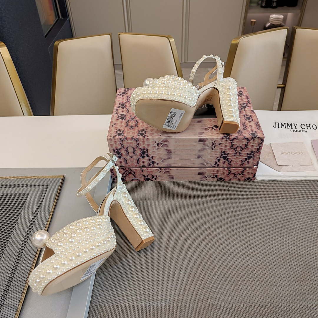 Jimmy Choo Sacaria Platform 120 White Satin Platform Sandals with All-Over Pearl Embellishment