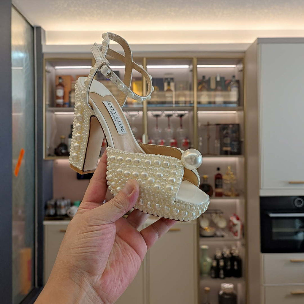 Jimmy Choo Sacaria Platform 120 White Satin Platform Sandals with All-Over Pearl Embellishment