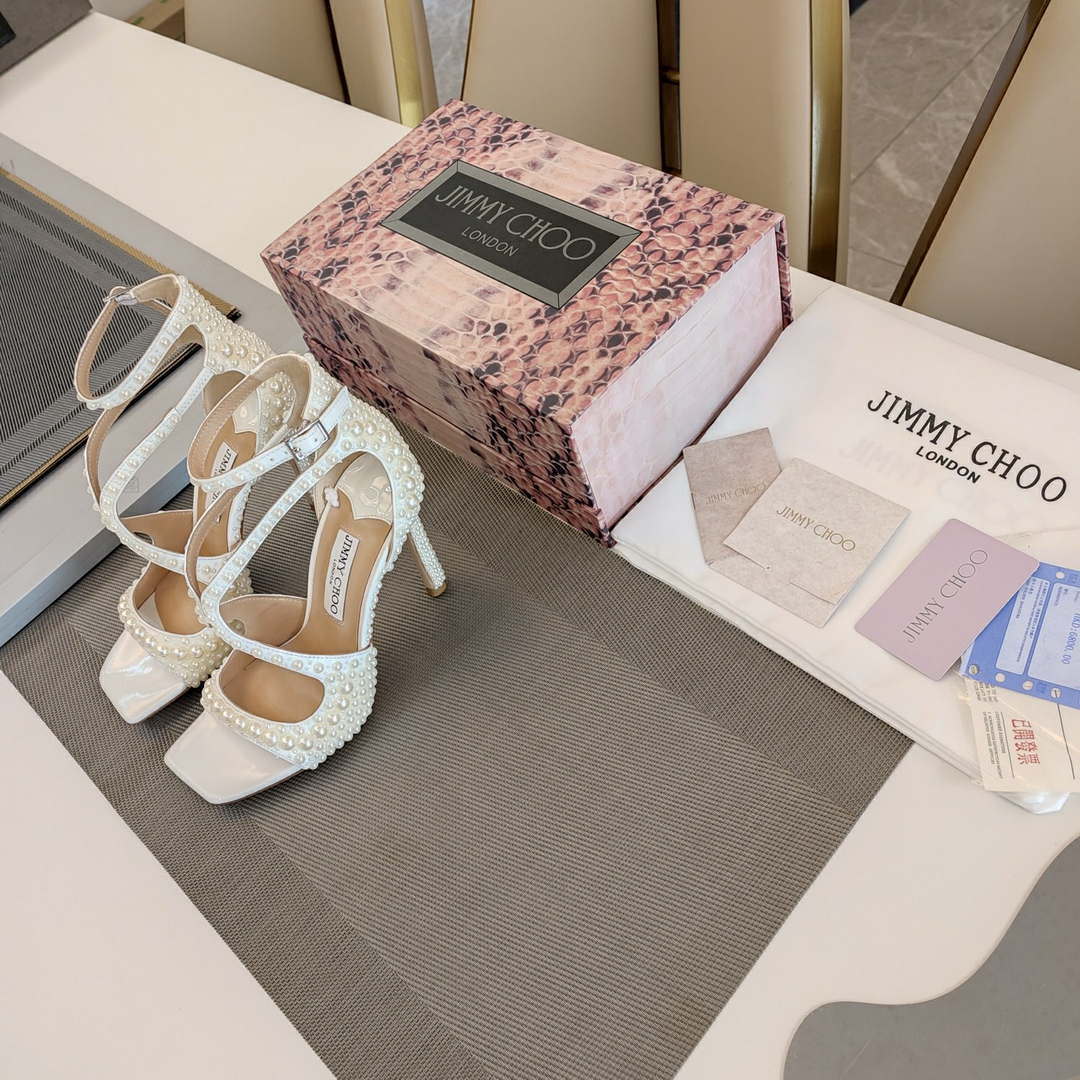 Jimmy Choo Sacora 100 White Satin Sandals with All Over Pearls
