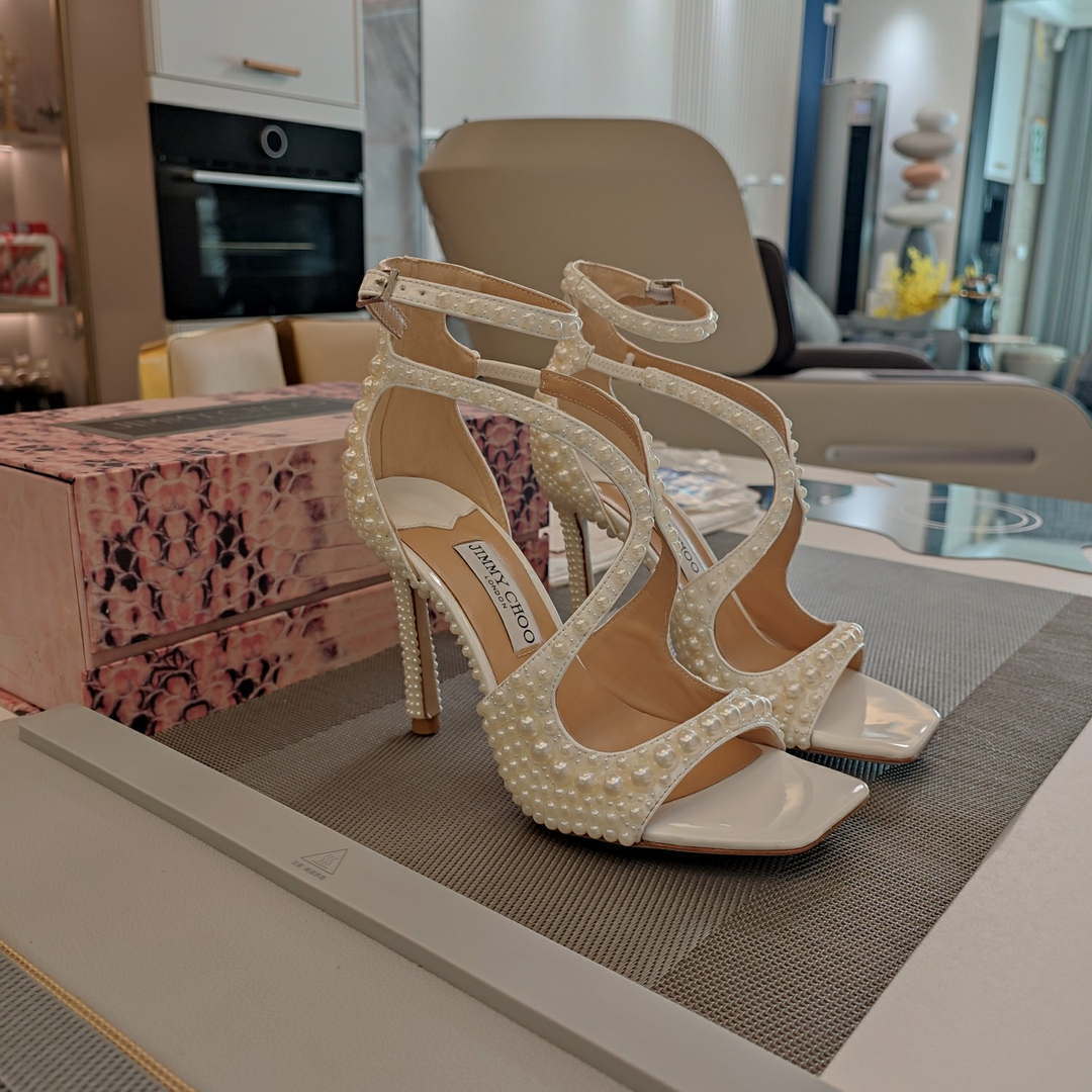 Jimmy Choo Sacora 100 White Satin Sandals with All Over Pearls - Fmale-Euro 35=US 4 / 85mm - View 3