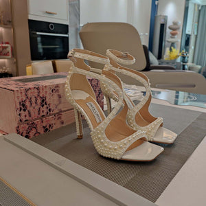 Jimmy Choo Sacora 100 White Satin Sandals with All Over Pearls - Fmale-Euro 35=US 4 / 85mm - View 3