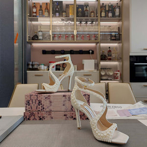 Jimmy Choo Sacora 100 White Satin Sandals with All Over Pearls - Fmale-Euro 35=US 4 / 85mm - View 4
