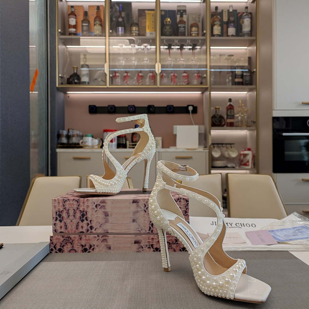 Jimmy Choo Sacora 100 White Satin Sandals with All Over Pearls