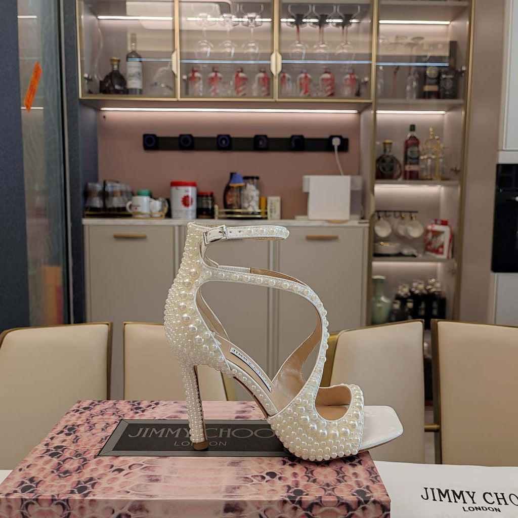 Jimmy Choo Sacora 100 White Satin Sandals with All Over Pearls