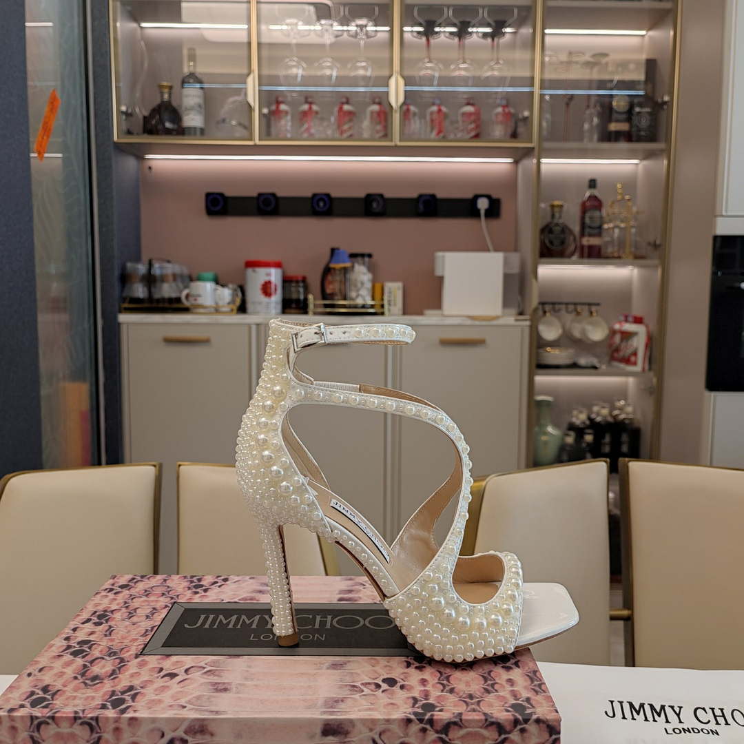 Jimmy Choo Sacora 100 White Satin Sandals with All Over Pearls