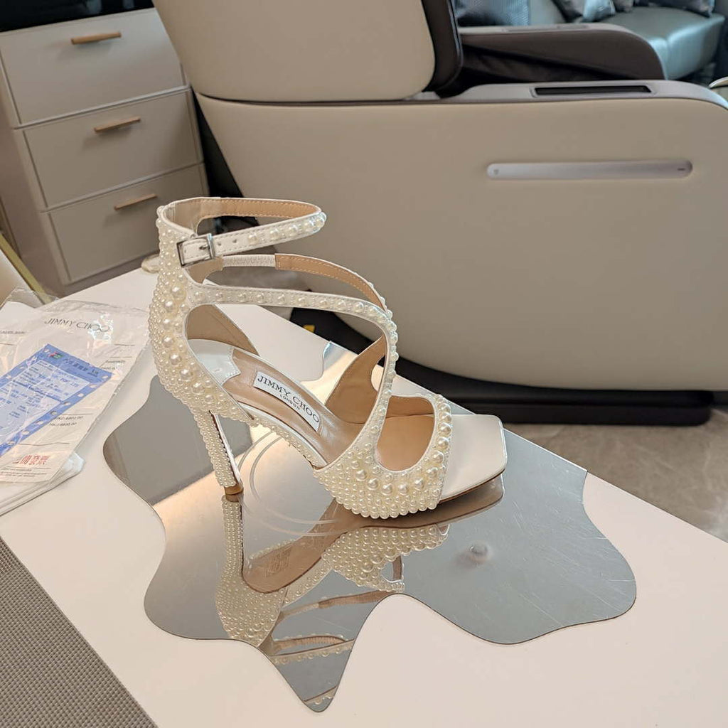 Jimmy Choo Sacora 100 White Satin Sandals with All Over Pearls