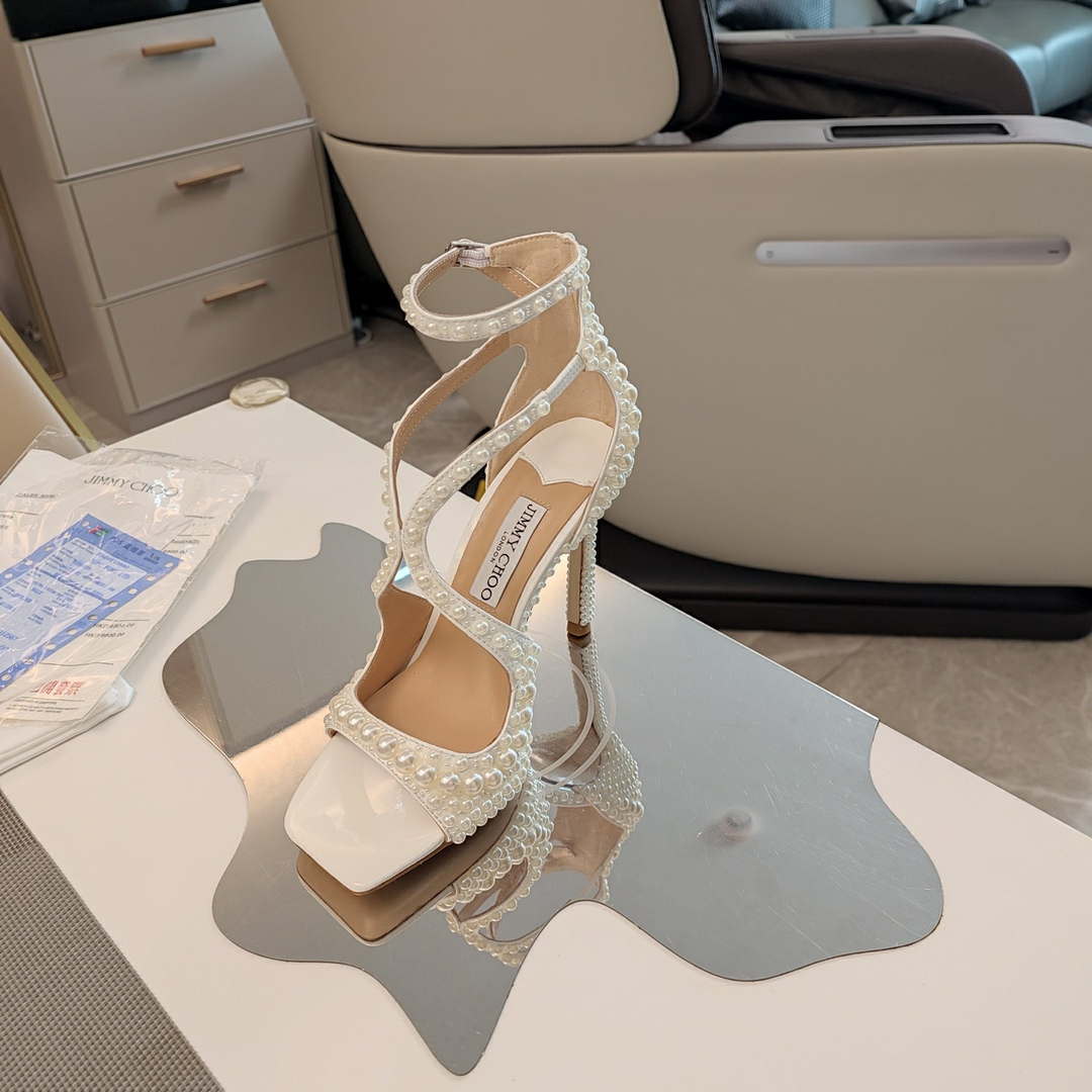 Jimmy Choo Sacora 100 White Satin Sandals with All Over Pearls