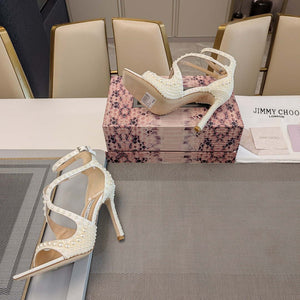 Jimmy Choo Sacora 100 White Satin Sandals with All Over Pearls - Fmale-Euro 35=US 4 / 85mm - View 8