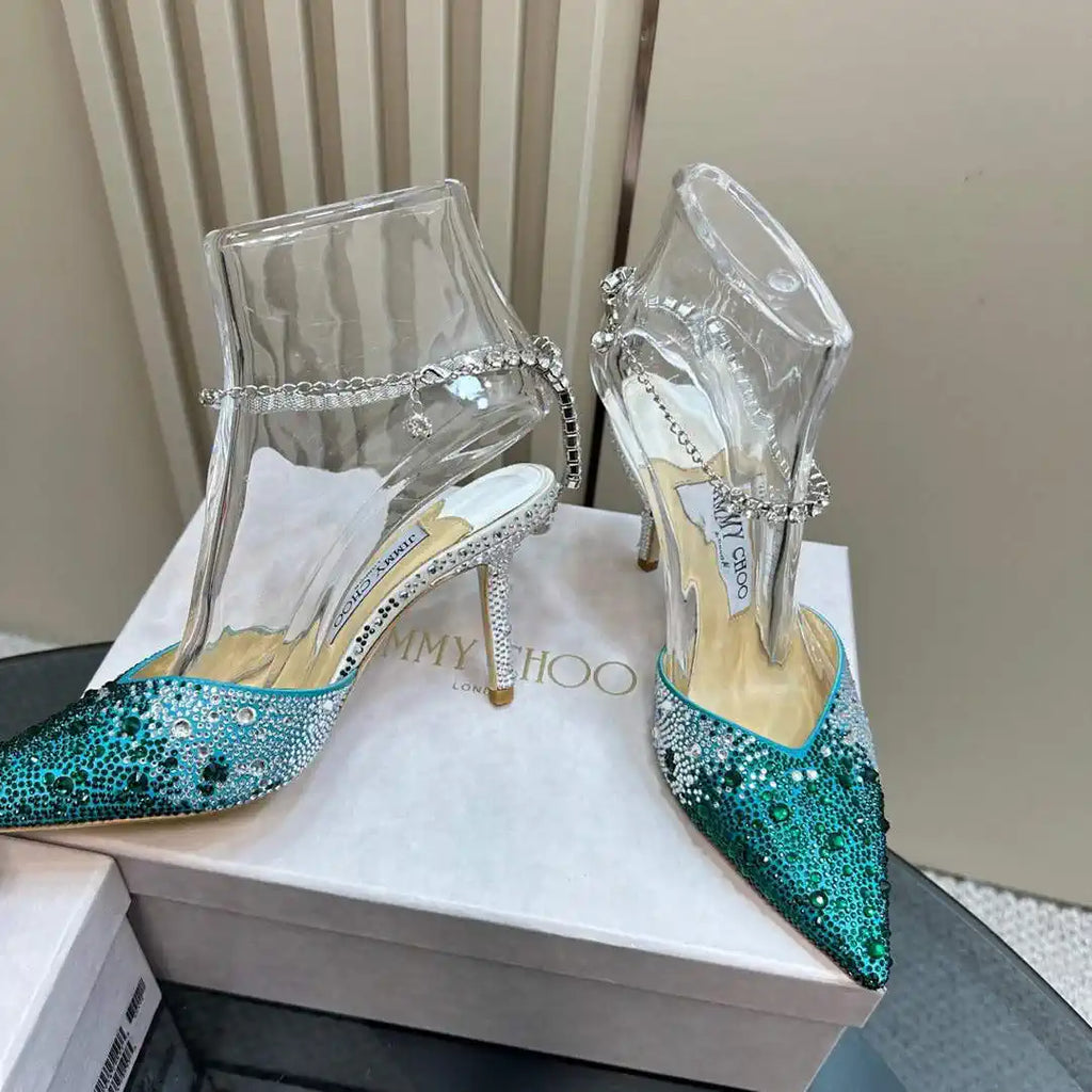 Jimmy Choo SAEDA100ZPJ Gold Satin Pumps with Crystals JC90017