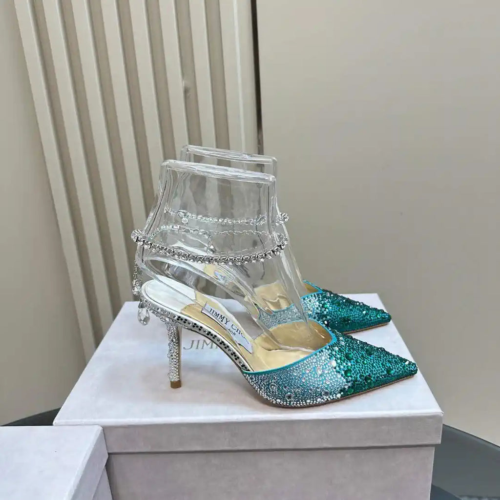 Jimmy Choo SAEDA100ZPJ Gold Satin Pumps with Crystals JC90017