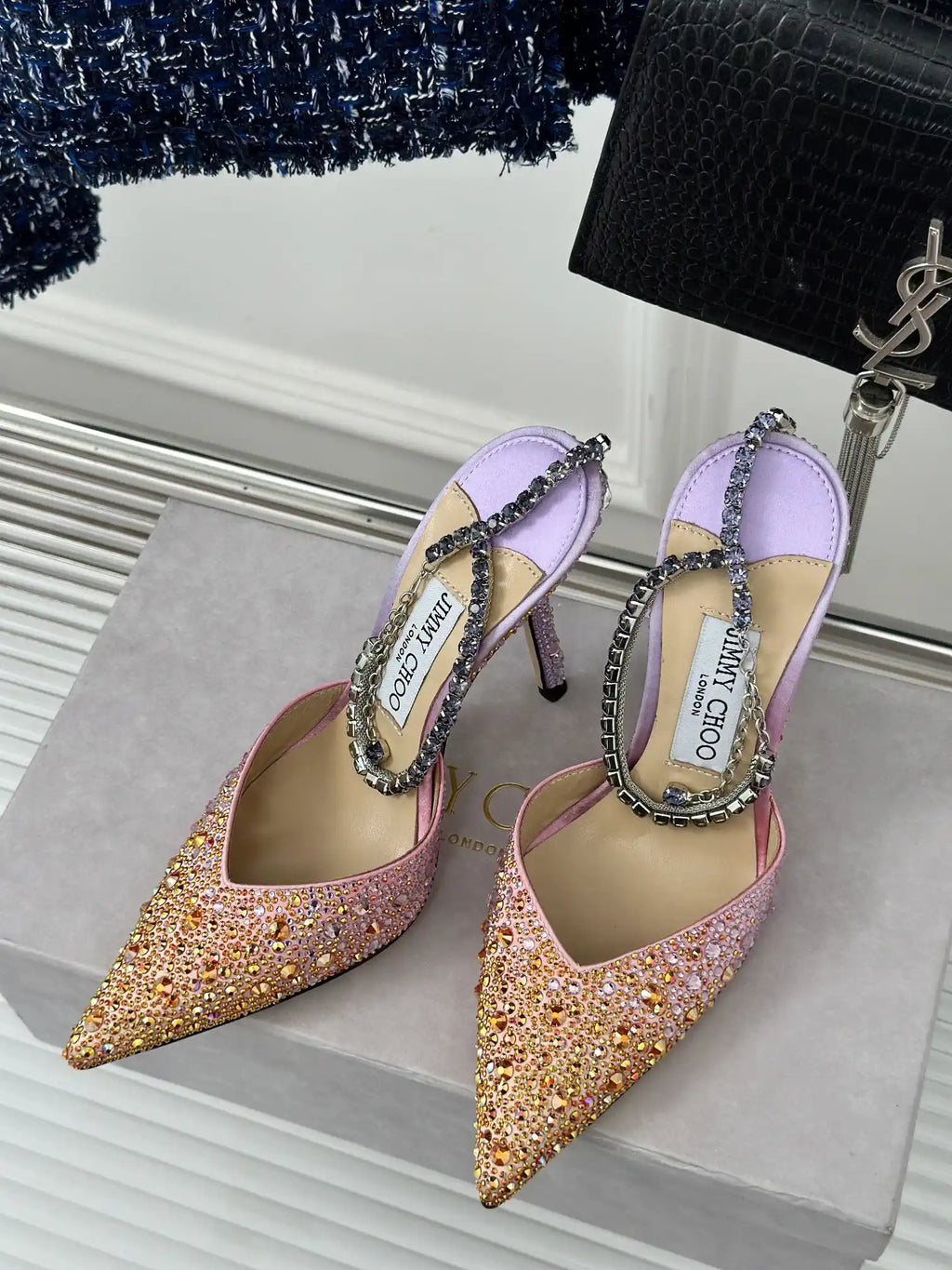 Jimmy Choo SAEDA100ZPJ Gold Satin Pumps with Crystals JC90018