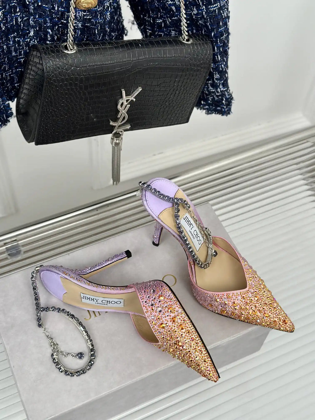 Jimmy Choo SAEDA100ZPJ Gold Satin Pumps with Crystals JC90018