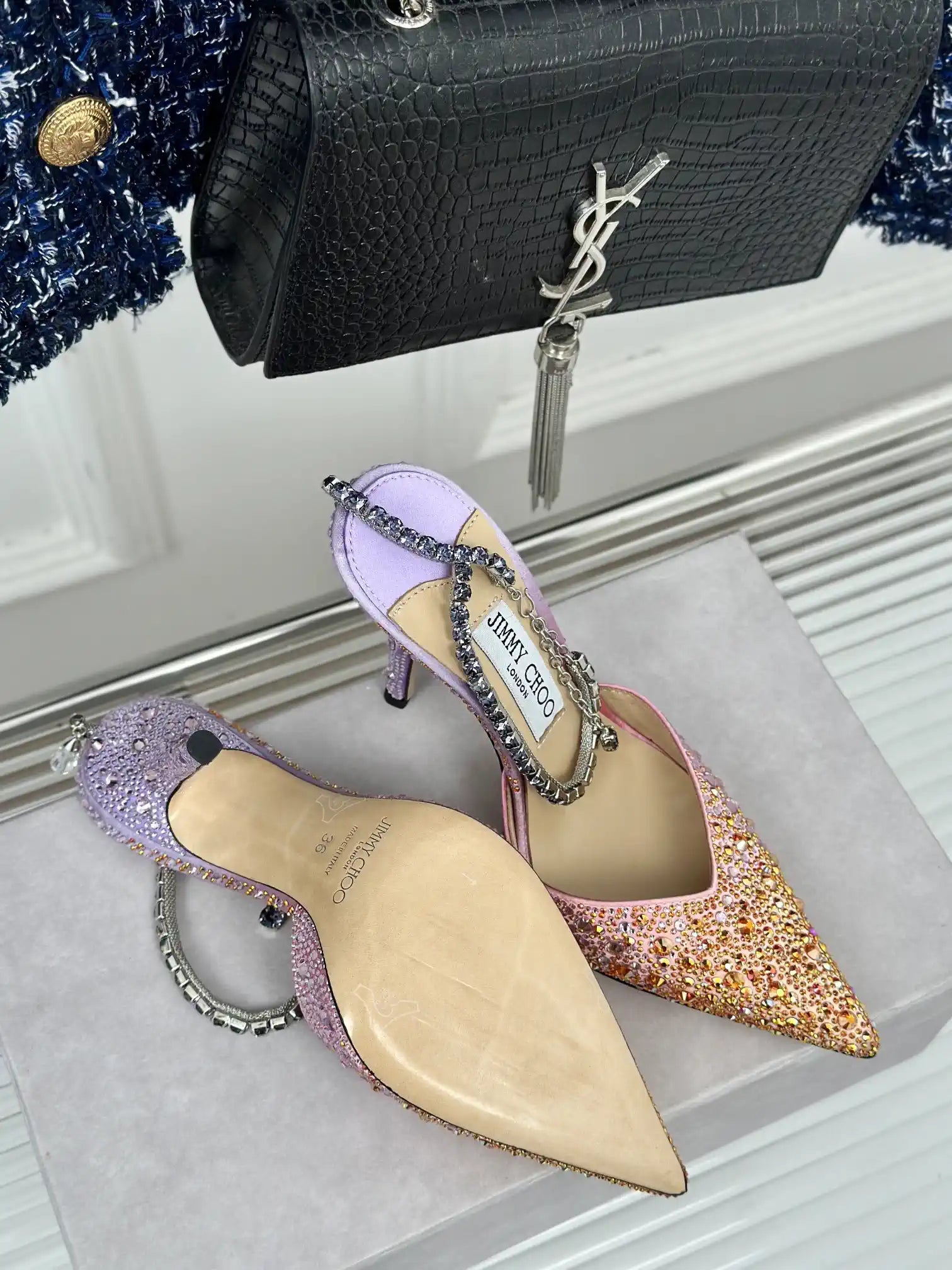 Jimmy Choo SAEDA100ZPJ Gold Satin Pumps with Crystals JC90018