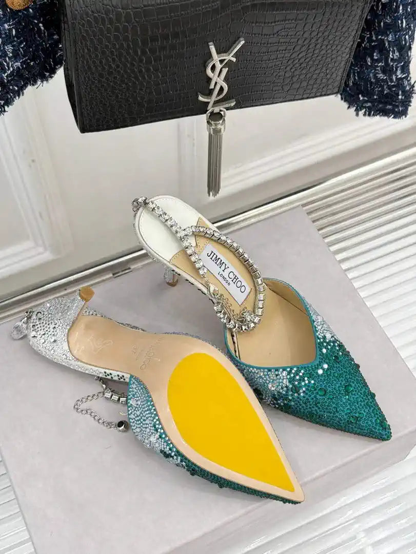 Jimmy Choo SAEDA100ZPJ Gold Satin Pumps with Crystals JC90011