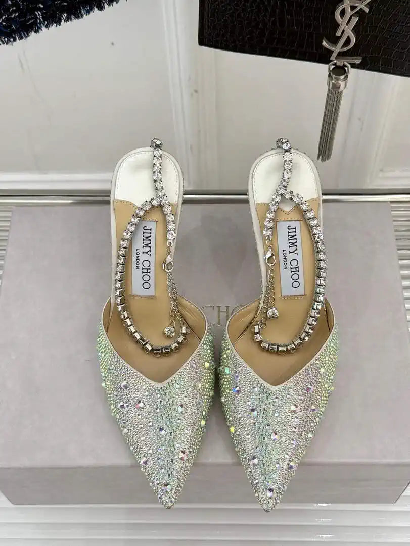 Jimmy Choo SAEDA100ZPJ Gold Satin Pumps with Crystals JC90013