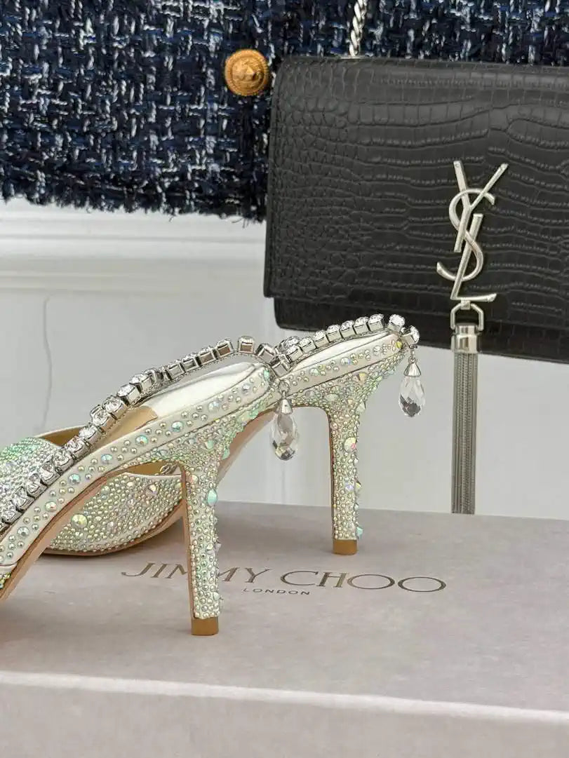 Jimmy Choo SAEDA100ZPJ Gold Satin Pumps with Crystals JC90013