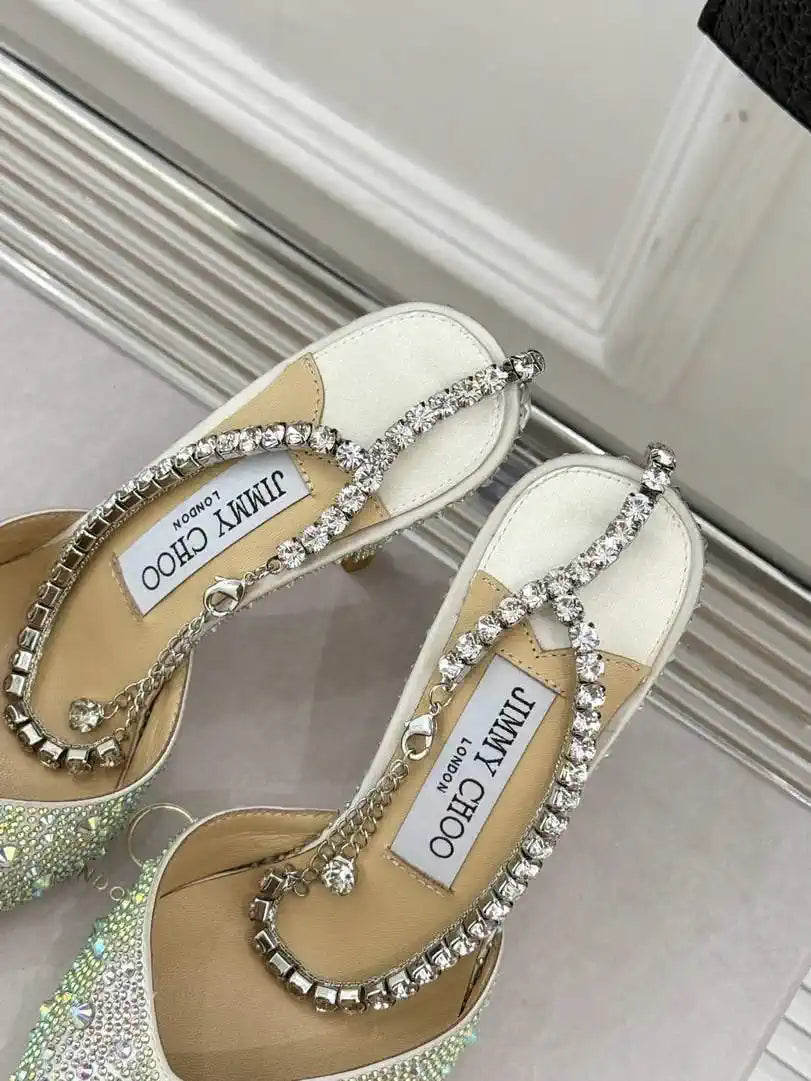 Jimmy Choo SAEDA100ZPJ Gold Satin Pumps with Crystals JC90013