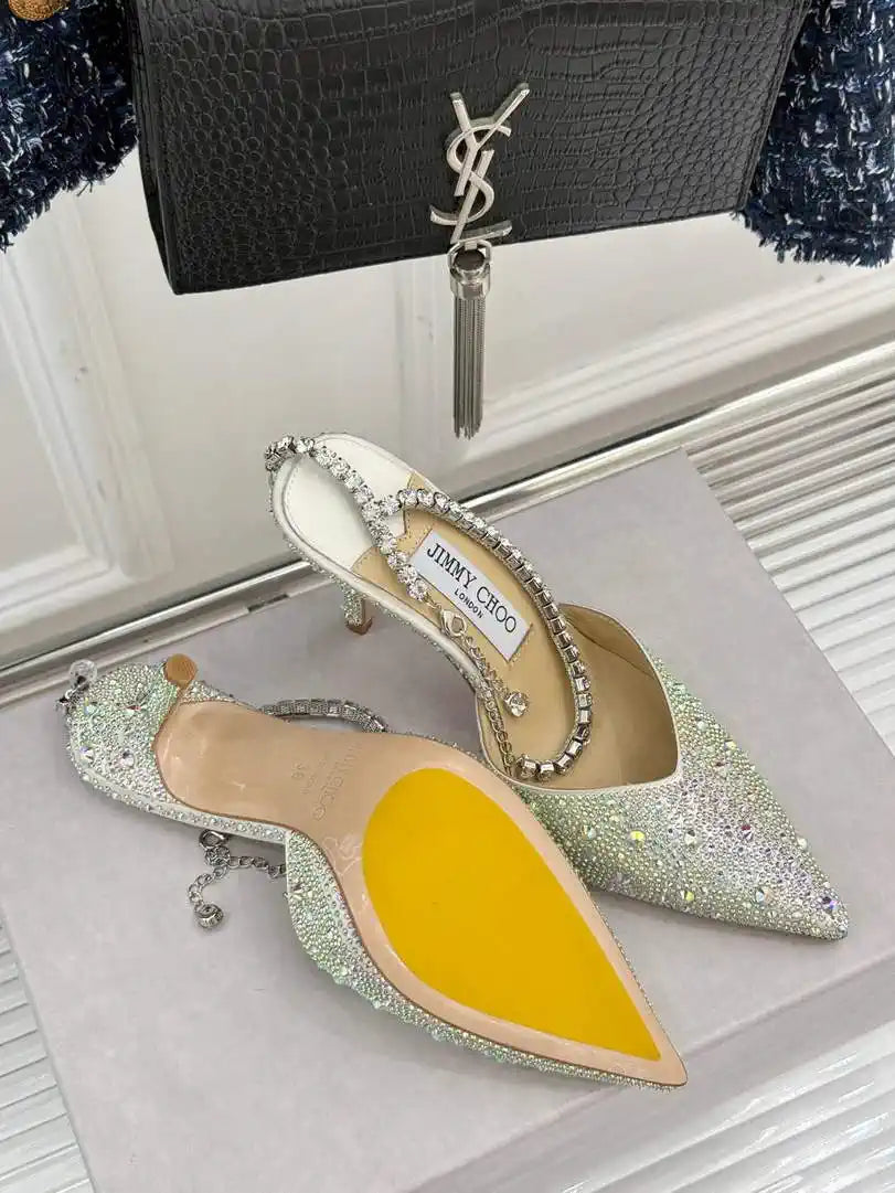 Jimmy Choo SAEDA100ZPJ Gold Satin Pumps with Crystals JC90013