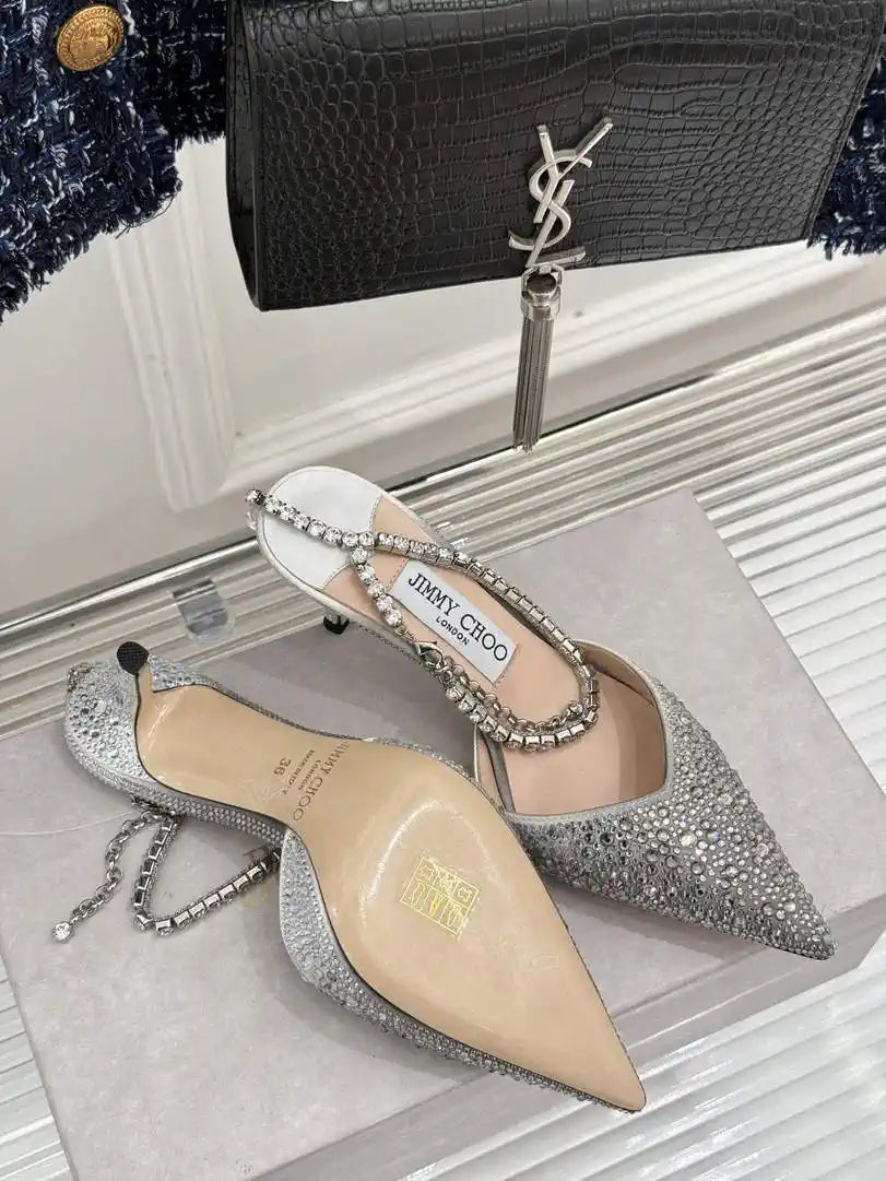 Jimmy Choo SAEDA100ZPJ Gold Satin Pumps with Crystals JC90015