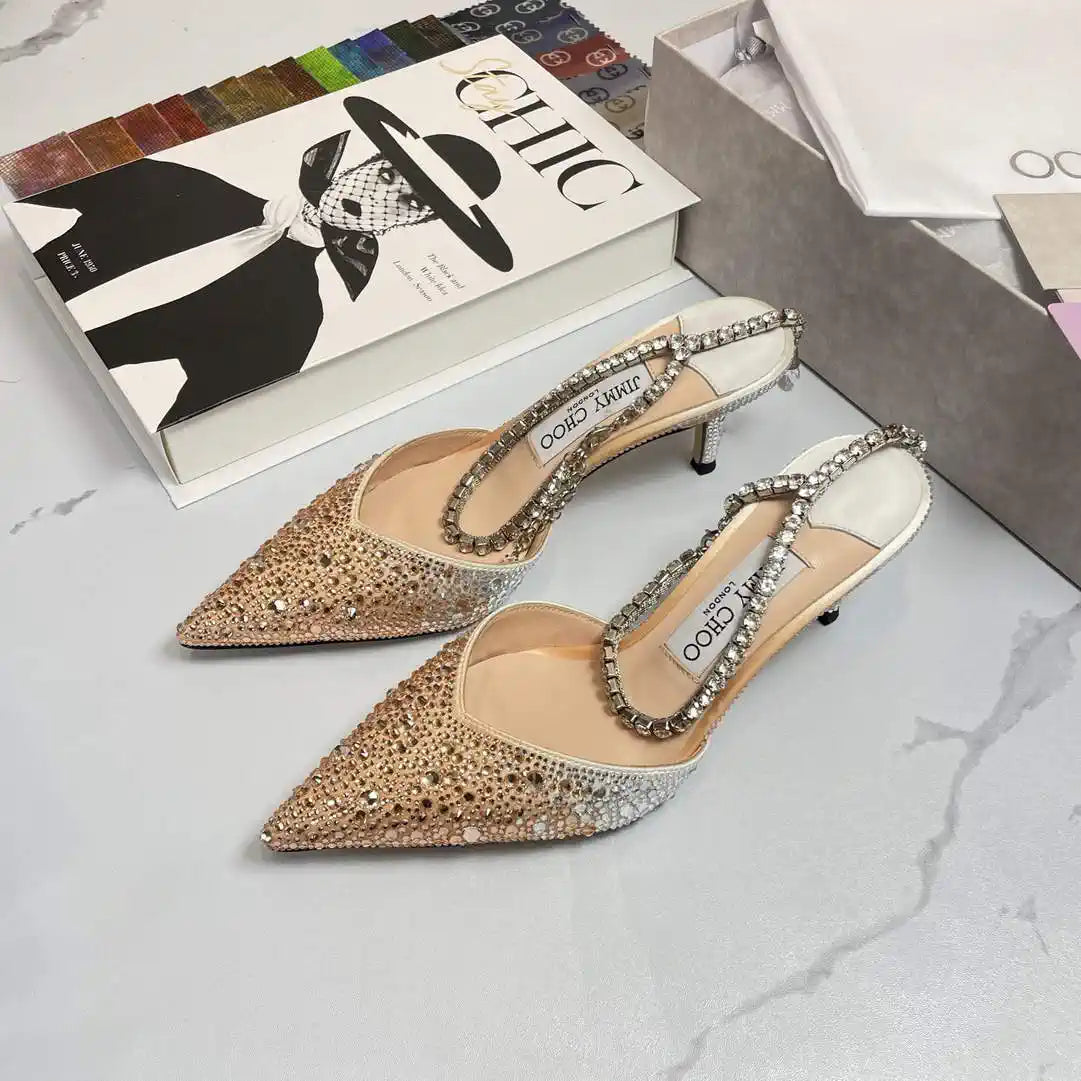 Jimmy Choo SAEDA100ZPJ Gold Satin Pumps with Crystals JC90003