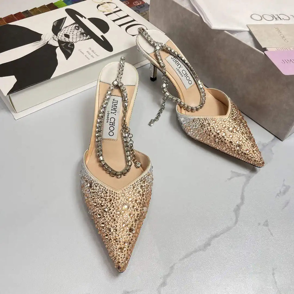 Jimmy Choo SAEDA100ZPJ Gold Satin Pumps with Crystals JC90003