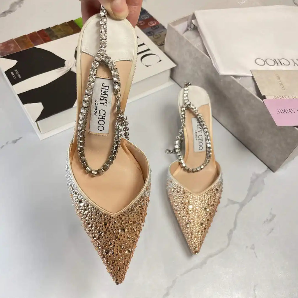 Jimmy Choo SAEDA100ZPJ Gold Satin Pumps with Crystals JC90003