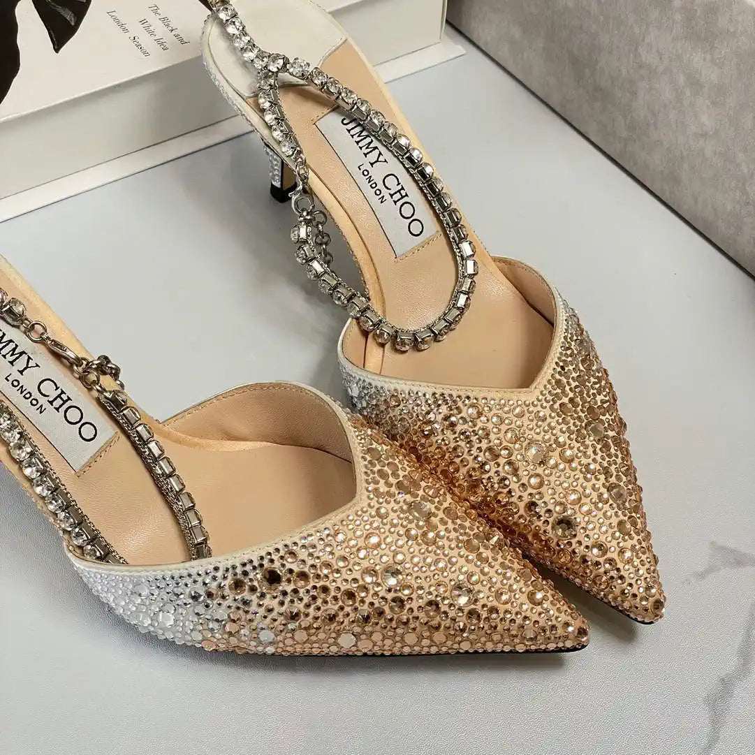 Jimmy Choo SAEDA100ZPJ Gold Satin Pumps with Crystals JC90003